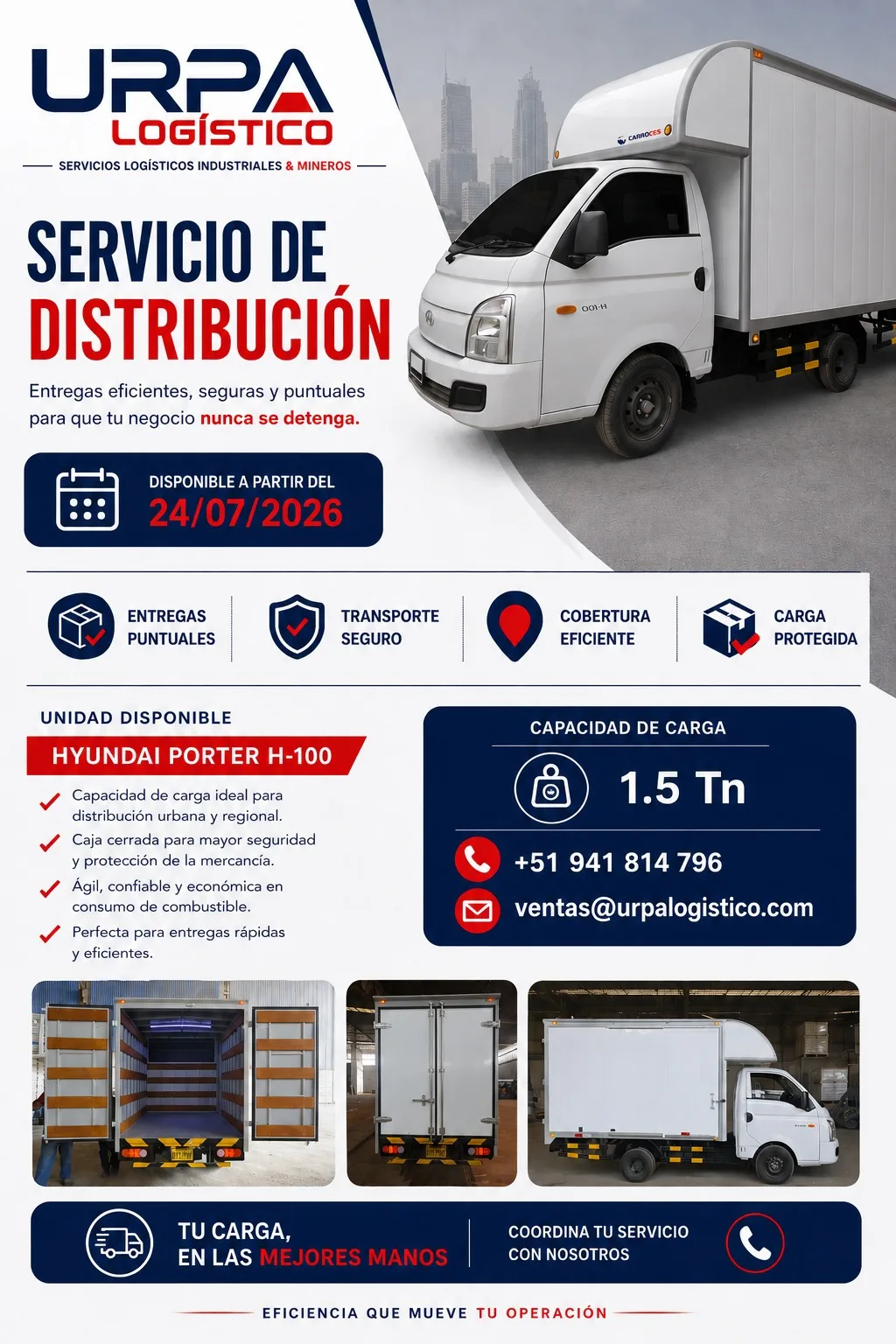 Servicio de distribución de URPA LOGÍSTICO con unidad Hyundai Porter H100 de furgón cerrado